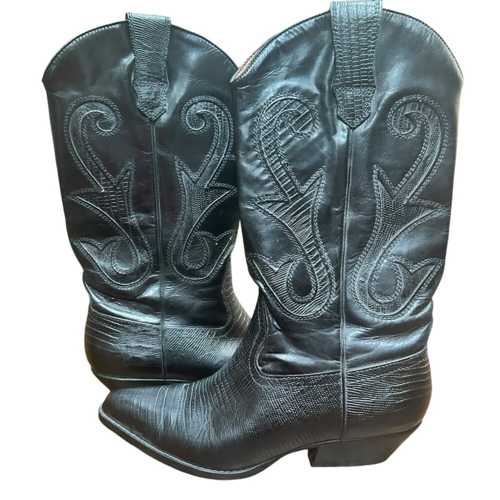 Nine West Black Embossed Leather Mid-Calf Western Cowboy Cowgirl Boots Size 6.5